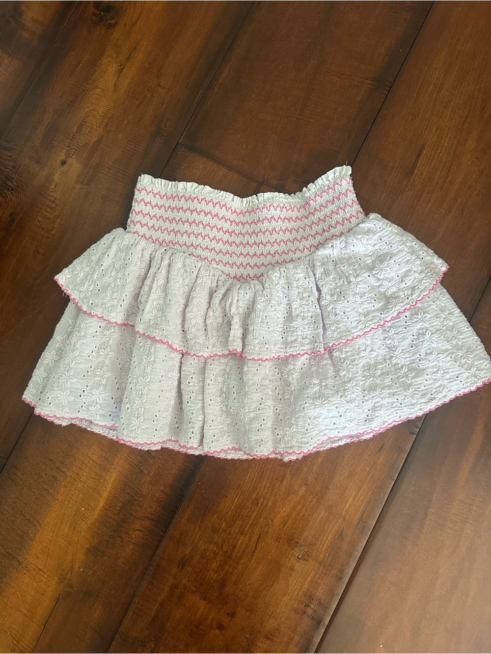 Katie J NYC White Eyelet Ruffle Mini Skirt with Pink Trim